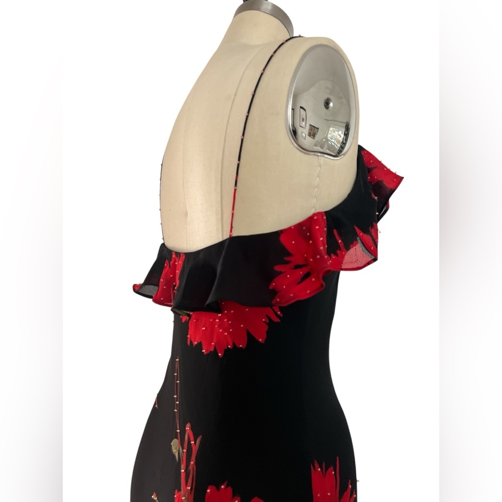 NWT!!! Y2K Sz 0 XS Cache Maxi Slip Dress Black Red Floral Beaded Fairy Ruffles - Picture 10 of 15
